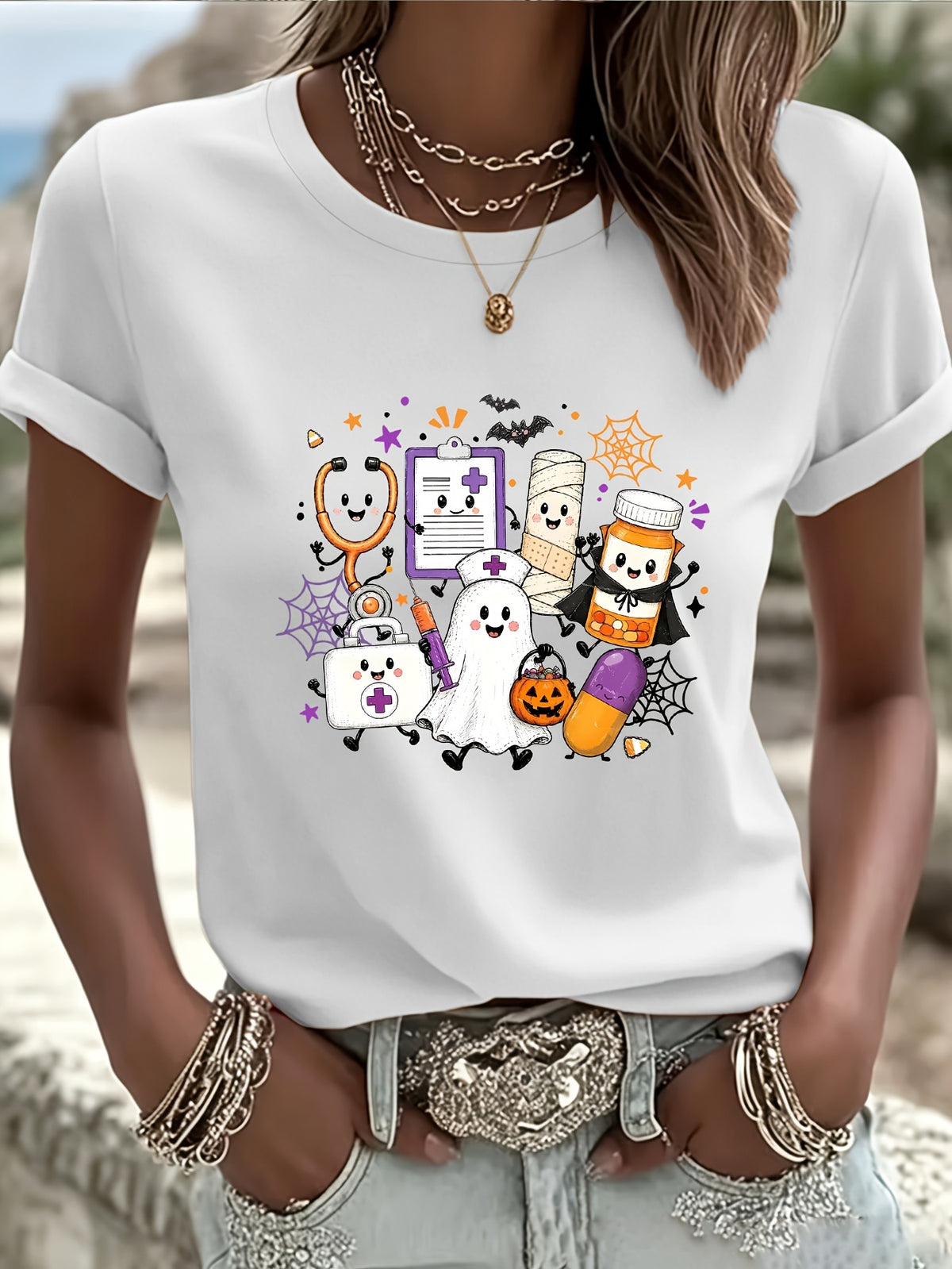 Halloween Nurse Graphic T-shirt, Short-sleeved Crew Neck Casual Top