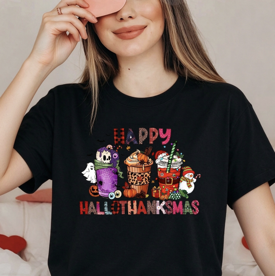 Happy Hallothanksmas T-Shirt, Funny Halloween Thanksgiving Christmas Holiday Tee, Coffee Pumpkin Spice Snowman Graphic Top for Women