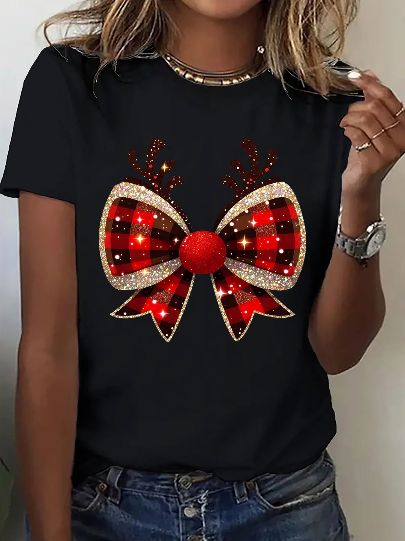 Christmas Buffalo Plaid Bow Reindeer Antlers Graphic T-Shirt, Sparkly Holiday Xmas Tee