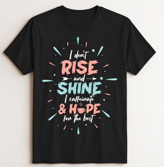 Funny Coffee Lover T-Shirt, “I Don't Rise And Shine I Caffeinate And Hope For The Best” Graphic Tee, Casual Crew Neck Short Sleeve Top