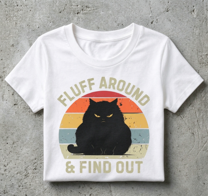 Fluff Around And Find Out T-Shirt, Funny Retro Black Cat Graphic Tee, Sarcastic Cat Lover Gift Casual Crew Neck Short Sleeve Top