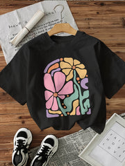 Women’s Graphic Print T-Shirt, Short Sleeve Crew Neck Casual Top, Colorful Boho Floral Summer Spring Tee for Women