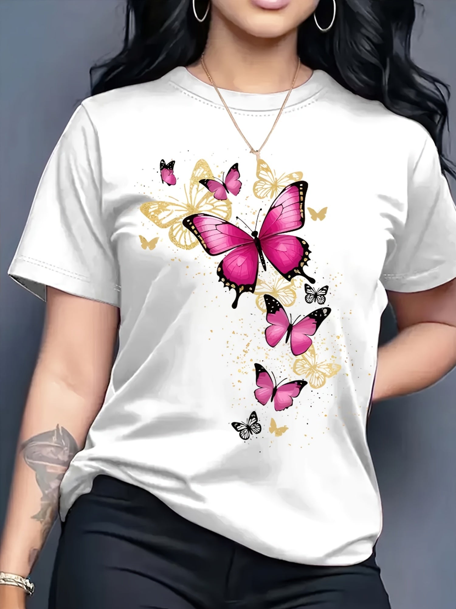 Women's Vibrant Pink Butterfly Print T-Shirt, Casual Crew Neck Short Sleeve Top, Spring Summer Relaxed Fit Graphic Tee