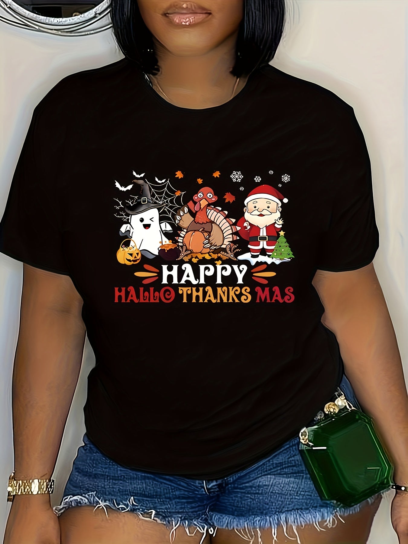 Women's Plus Size Happy Hallothanksmas Graphic T‑Shirt, Halloween Thanksgiving Christmas Mixed Holiday Print, Round Neck Short Sleeve Casual Top