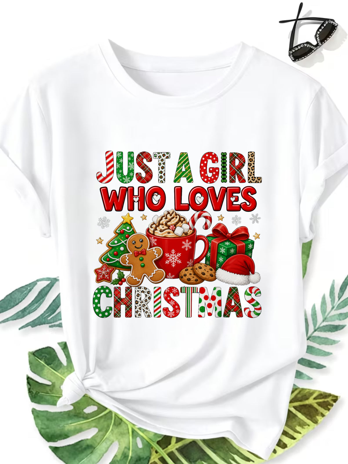 Women's Just A Girl Who Loves Christmas T-Shirt, Cute Xmas Gingerbread Hot Cocoa Graphic Tee, Holiday Casual Short Sleeve Top