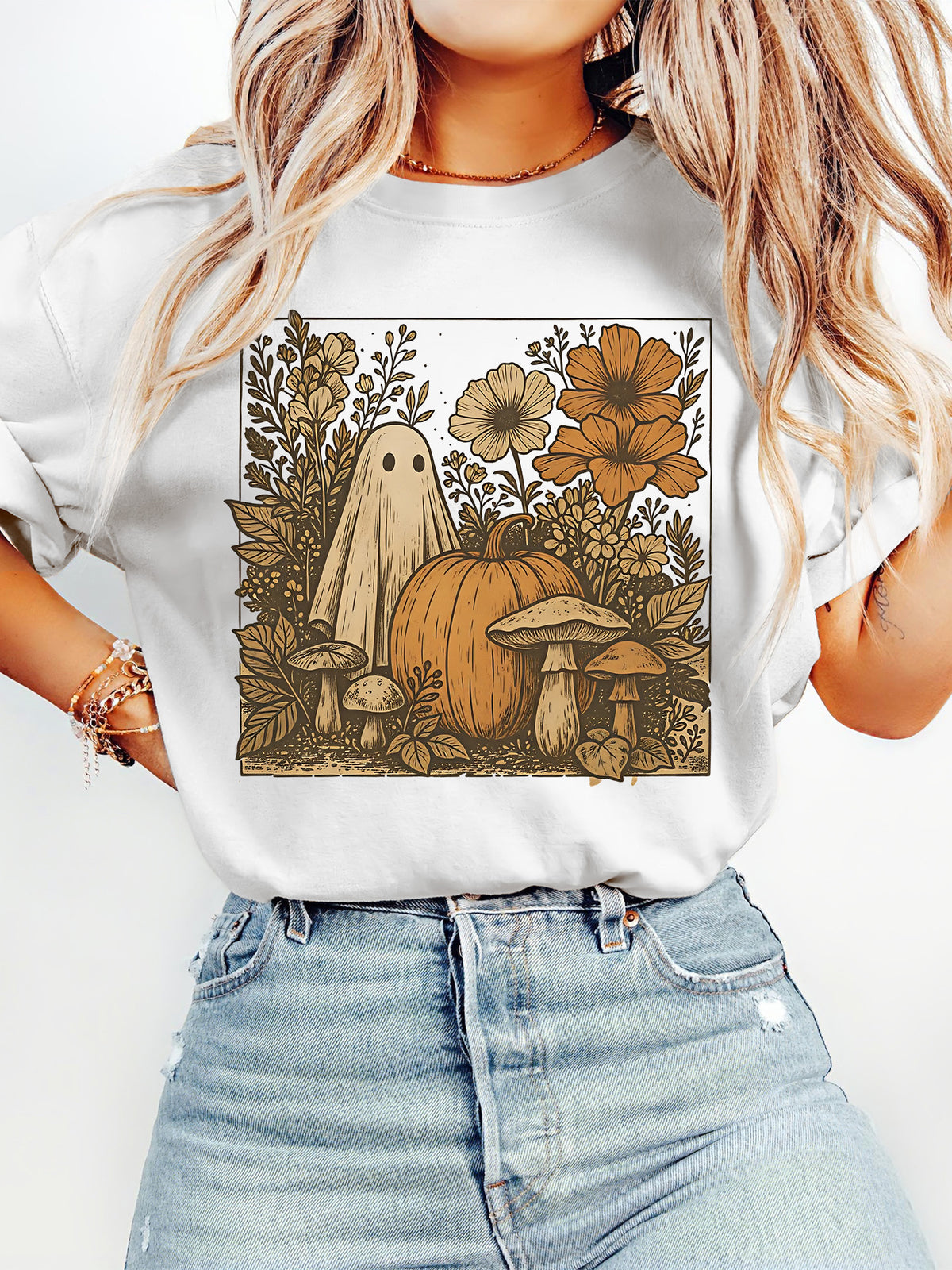 Women's Vintage Ghost Pumpkin Mushroom Floral T-Shirt, Fall Halloween Botanical Graphic Short Sleeve Tee