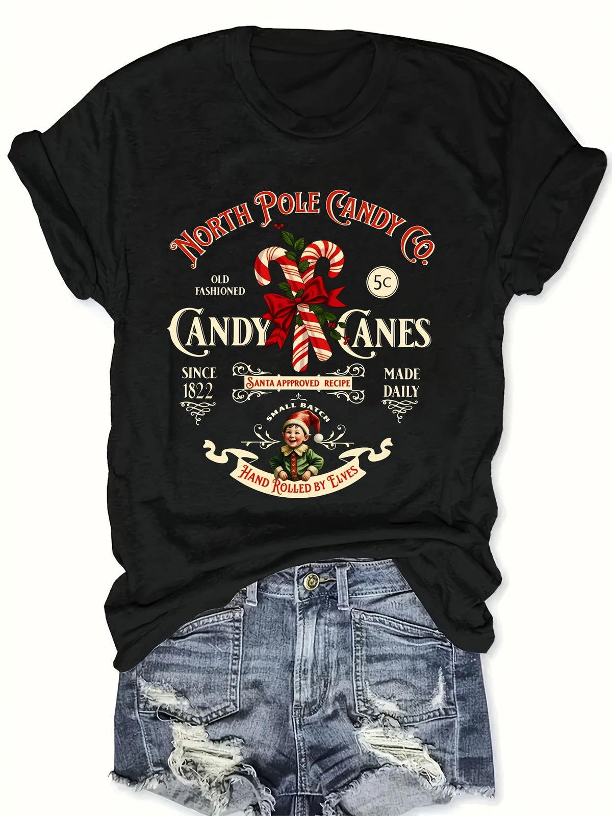 Unisex Retro Holiday Graphic Tee, North Pole Candy Co Candy Canes Elves Vintage Christmas Short Sleeve T-Shirt