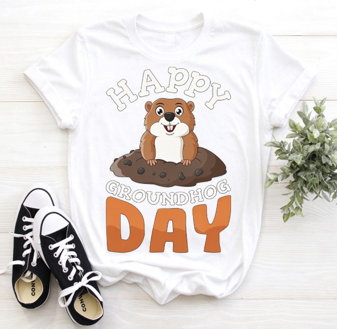 Happy Groundhog Day Graphic T-Shirt, Cute Groundhog Animal Lover Tee, Funny Woodchuck Holiday Top for Men Women, Festive Groundhog Day Gift