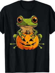 Retro Green Frog Holding Jack O Lantern Pumpkin Halloween Graphic Tee for Men Women, Funny Cute Fall Short Sleeve T-Shirt, Casual Crew Neck Top for Halloween Gift