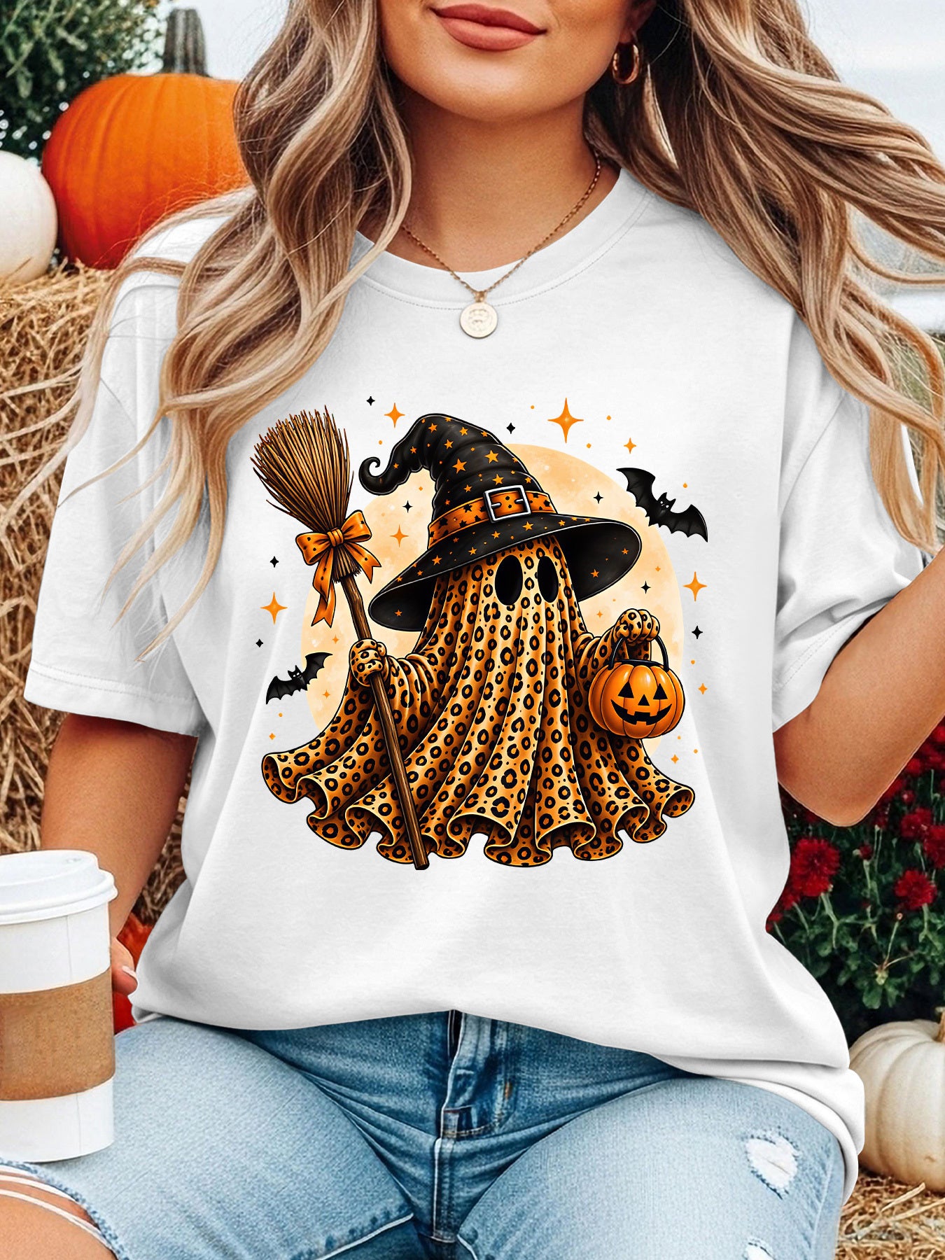 Halloween Ghost Witch Graphic T-Shirt, Cute Ghost with Witch Hat Broom Pumpkin Bucket Moon Star Casual Short Sleeve Tee