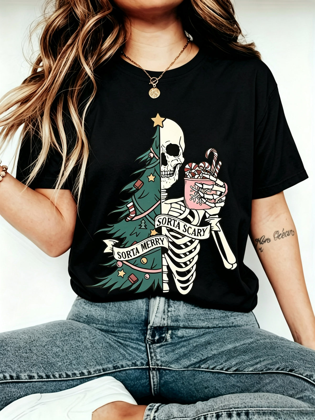 Unisex Gothic Holiday Graphic Tee, Sorta Merry Sorta Scary Split Tree Skeleton Hot Cocoa Spooky Christmas Short Sleeve T-Shirt