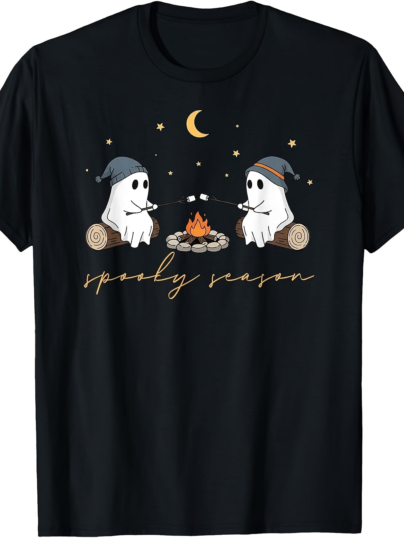 Retro Spooky Season Cozy Ghosts Campfire Marshmallow Halloween Graphic Tee for Men Women, Cute Fall Camping Short Sleeve T-Shirt, Casual Crew Neck Top for Halloween Gift