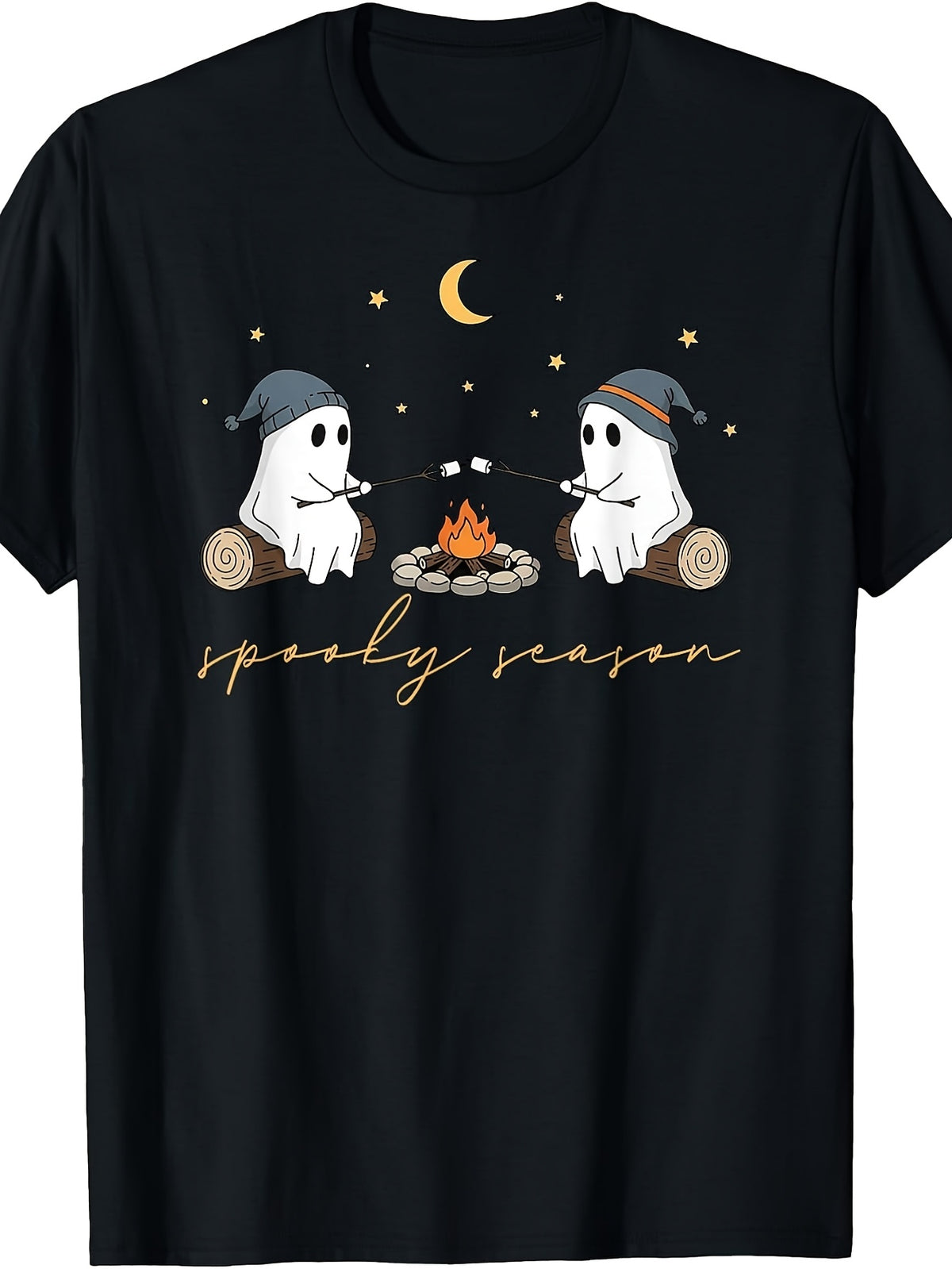 Retro Spooky Season Cozy Ghosts Campfire Marshmallow Halloween Graphic Tee for Men Women, Cute Fall Camping Short Sleeve T-Shirt, Casual Crew Neck Top for Halloween Gift
