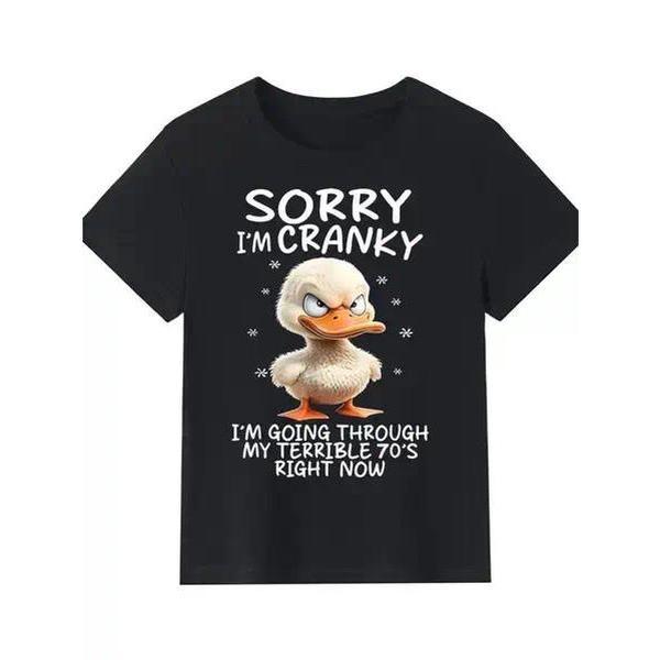 Cute Cranky Duck Senior Humor Graphic T-Shirt - "Sorry I'm Cranky I'm Going Through My Terrible 70's" Funny Animal Print Tee, Perfect for Seniors & Meme Lovers, Casual Apparel for Daily Wear or Senior Gatherings