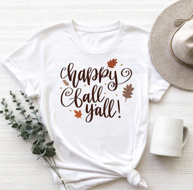 Happy Fall Y'all T-Shirt, Cute Autumn Season Graphic Tee, Fall Thanksgiving Gift Top for Women, Casual Holiday Shirt