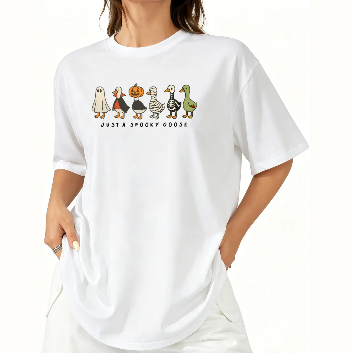 Halloween Funny Goose Shirt, Just a Spooky Goose Tee, Skeleton Goose Spooky Season Graphic Top, Retro Spooky Tee Unisex Apparel