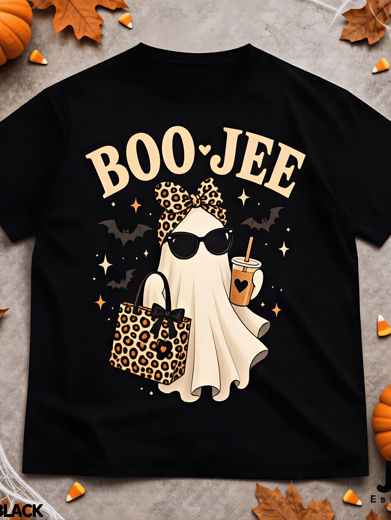 Boo Jee Cute Ghost Leopard Print Halloween Graphic T-Shirt, Spooky Fall Bat Coffee Shopping Bag Women Short Sleeve Tee