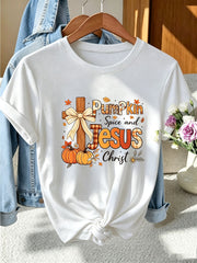 Women Pumpkin Spice and Jesus Christ Cross Graphic T-Shirt, Fall Christian Thanksgiving Casual Tee