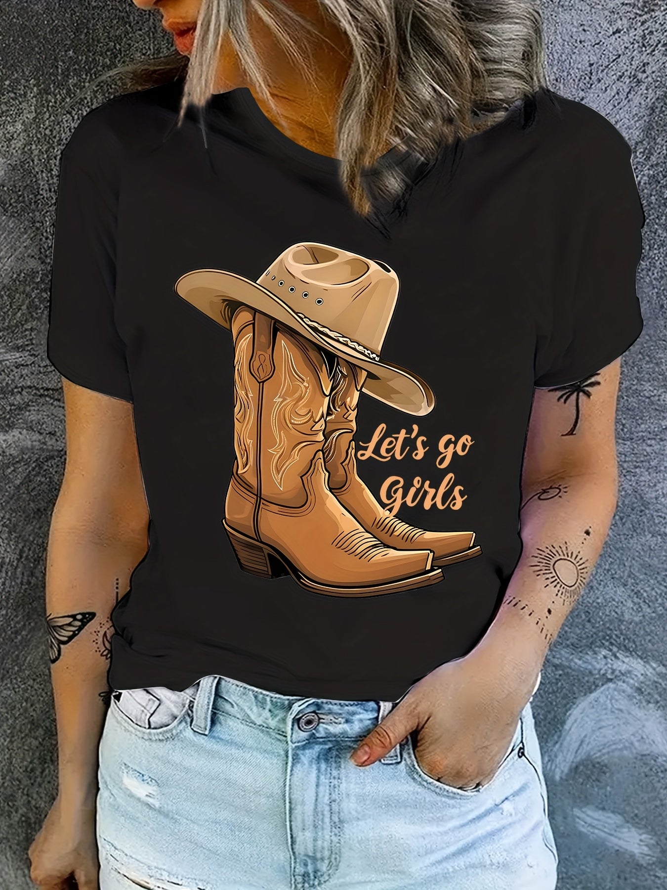 Women's Western Graphic T-Shirt, Cowboy Boots Hat Print Tee, Casual Crew Neck Short Sleeve Top, Let's Go Girls Country Shirt