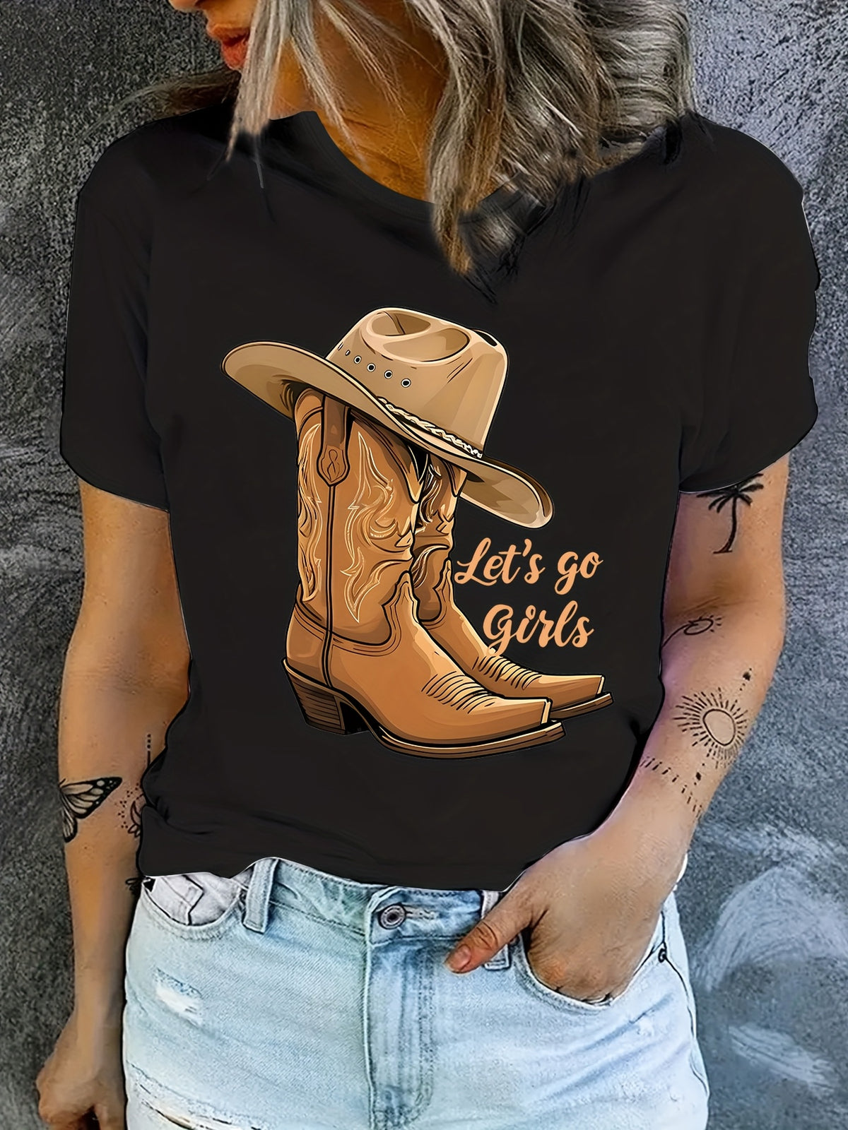 Women's Western Graphic T-Shirt, Cowboy Boots Hat Print Tee, Casual Crew Neck Short Sleeve Top, Let's Go Girls Country Shirt