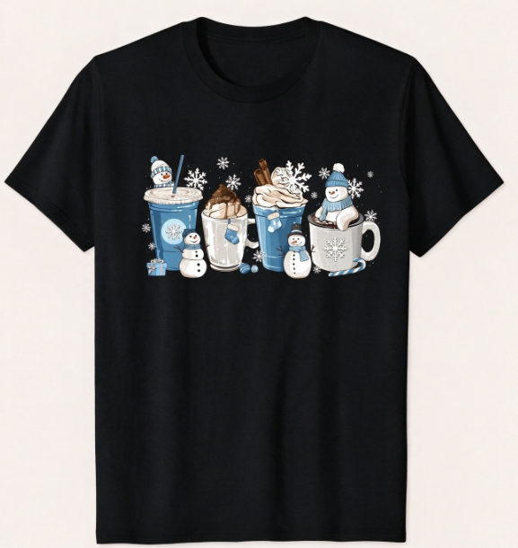 Winter Coffee T-Shirt, Christmas Coffee Cup Graphic Tee, Snowman Hot Cocoa Shirt, Casual Crew Neck Short Sleeve Top, Gift for Coffee Lovers