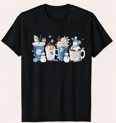 Winter Coffee T-Shirt, Christmas Coffee Cup Graphic Tee, Snowman Hot Cocoa Shirt, Casual Crew Neck Short Sleeve Top, Gift for Coffee Lovers