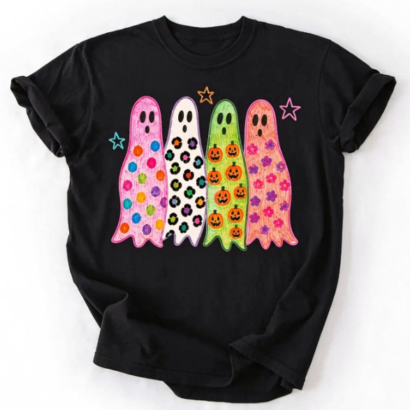 Ghost Halloween Shirt, Colorful Leopard Ghost Tee, Coquette Spooky Season T-Shirt, Cute Fall Shirt for Women
