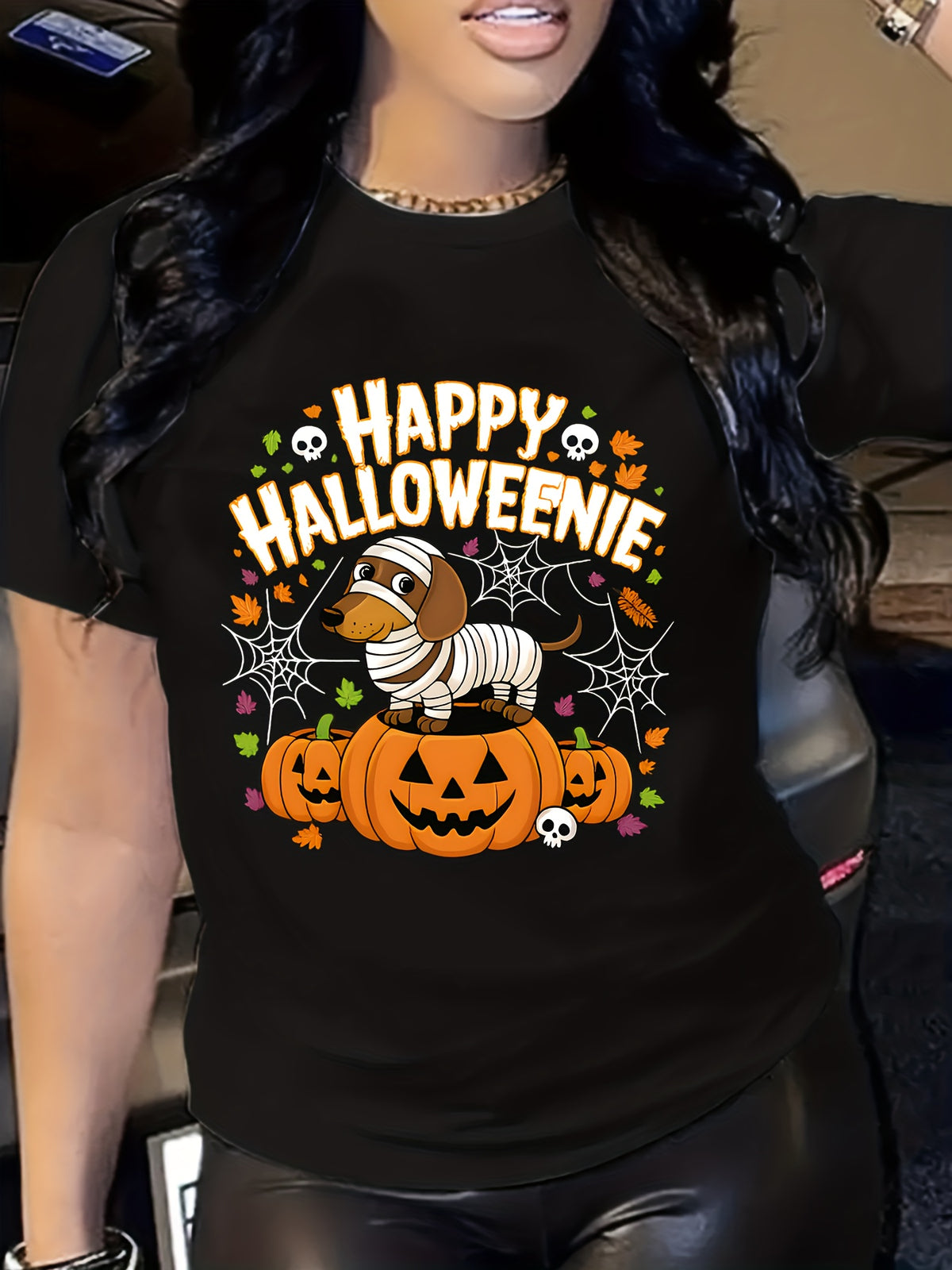 Happy Halloweenie Graphic TShirt, Mummy Dachshund Dog Pumpkin Spider Web Skull Fall Leaves Casual Short Sleeve Tee