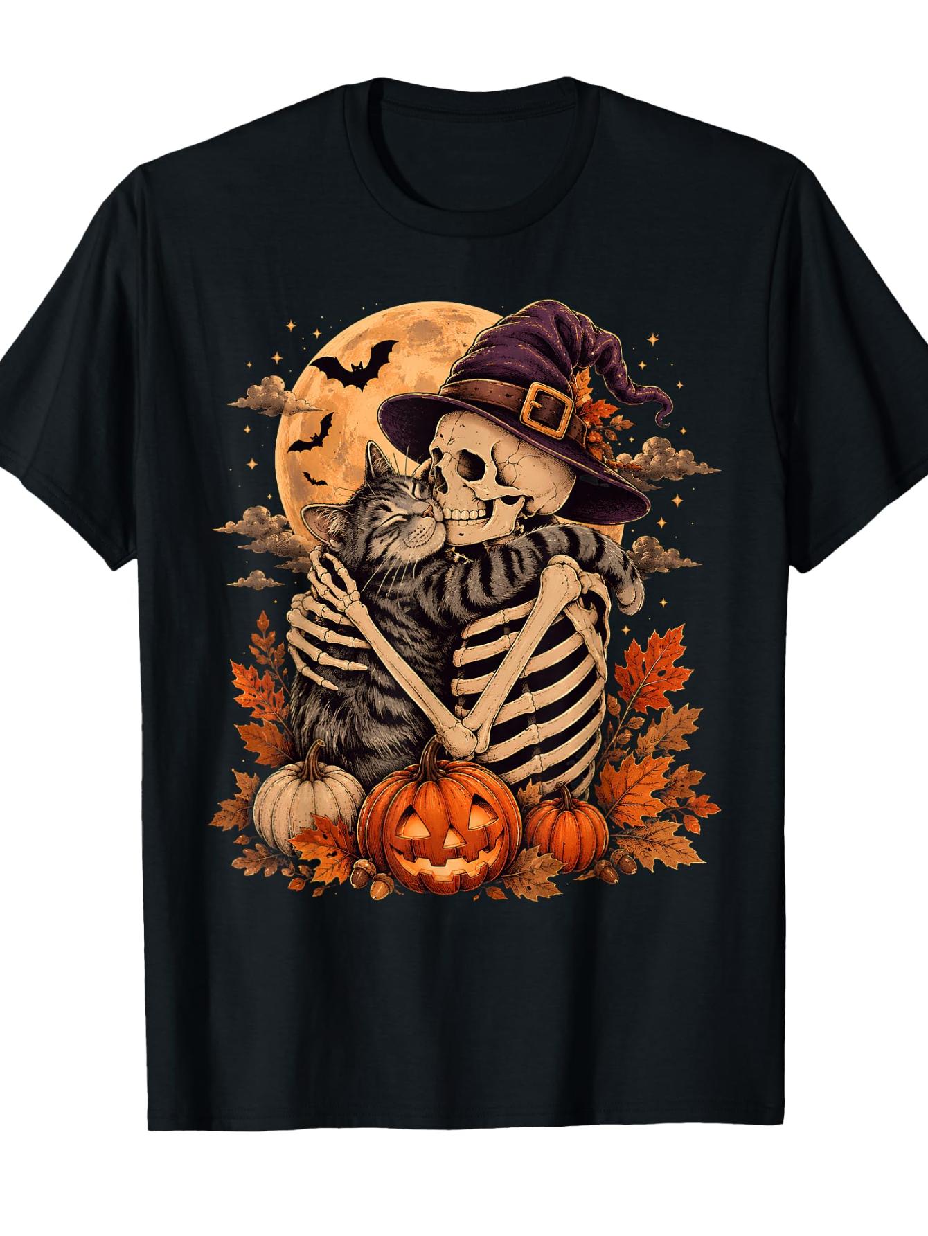 Cute Skeleton Hugging Cat Halloween Witch Hat Pumpkin Moon T-Shirt Funny Graphic Print TShirt Casual All-Season Daily Tee
