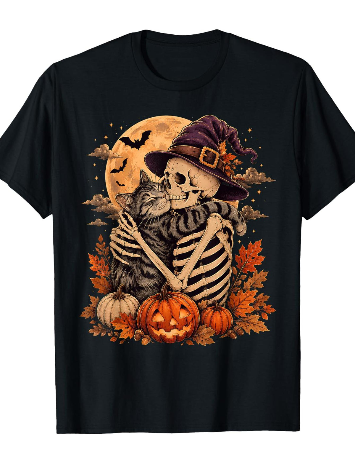 Cute Skeleton Hugging Cat Halloween Witch Hat Pumpkin Moon T-Shirt Funny Graphic Print TShirt Casual All-Season Daily Tee