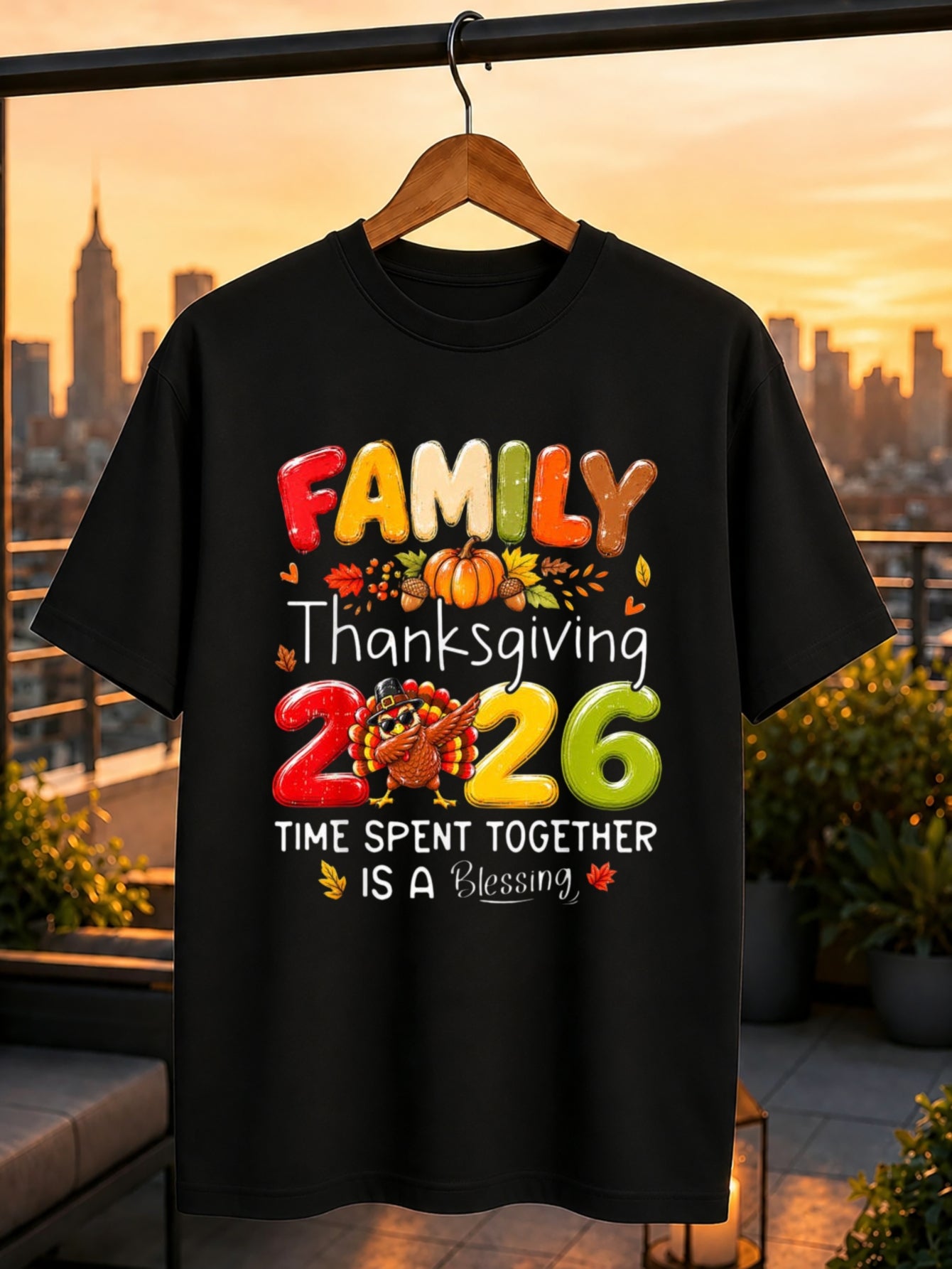 Family Thanksgiving 2026 Graphic TShirt Time Spent Together Is A Blessing Quote with Turkey Pumpkins and Colorful Fall Lettering TShirt