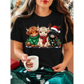 Festive Highland Cow Graphic T-shirt, Holiday Animal Print Tee, Short Sleeve Casual Top, Cute Winter Cow Design