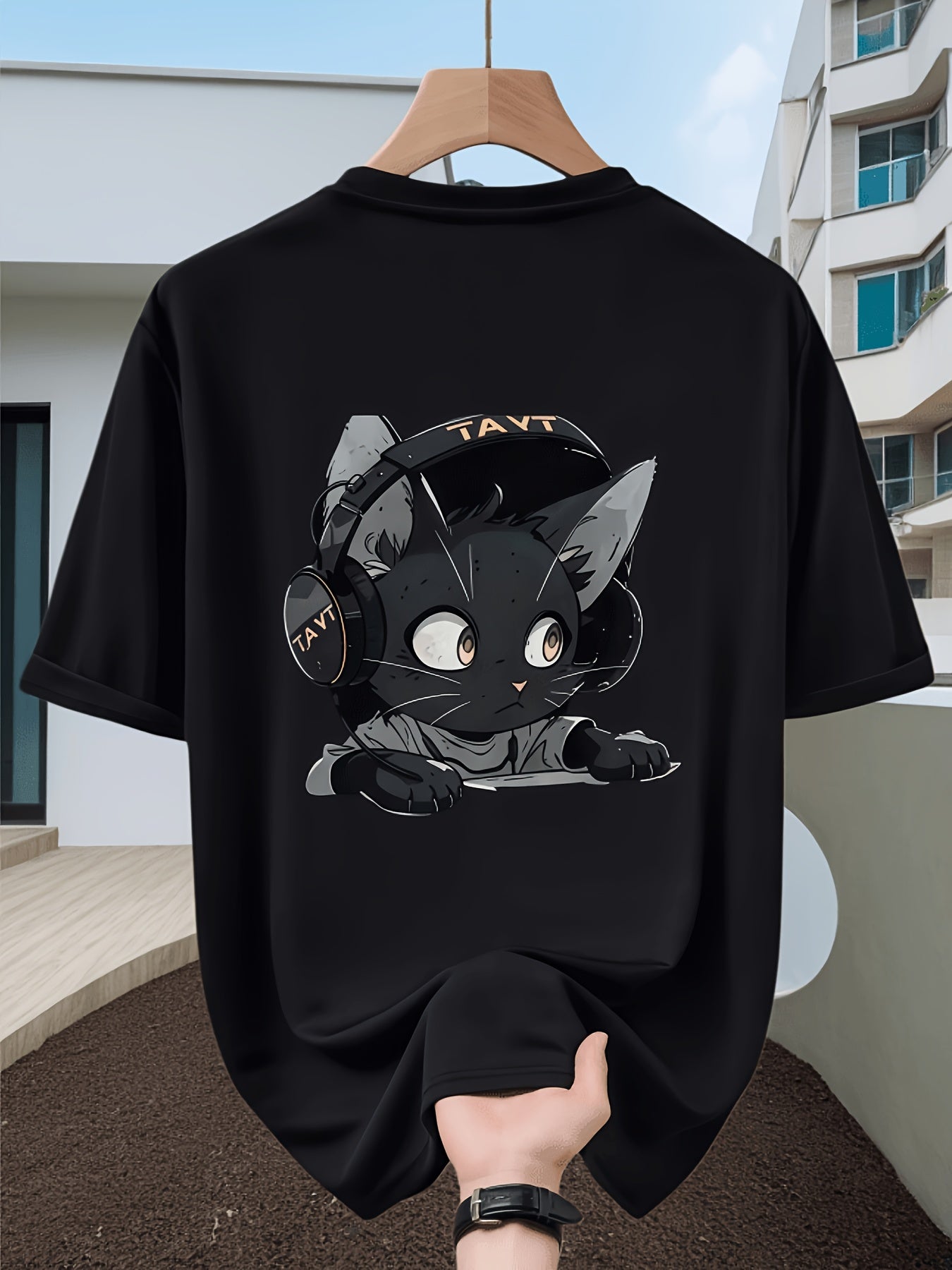 Men's Esports Gaming T-Shirt with Little Black Cat Headphone Print