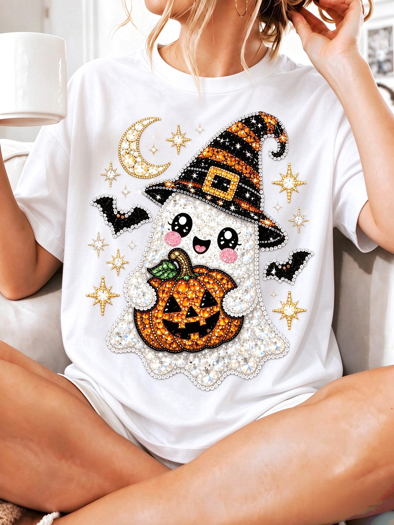 Plus Size Women Halloween Ghost Pumpkin Bow Jack O Lantern Print Crew Neck Short Sleeve Tee