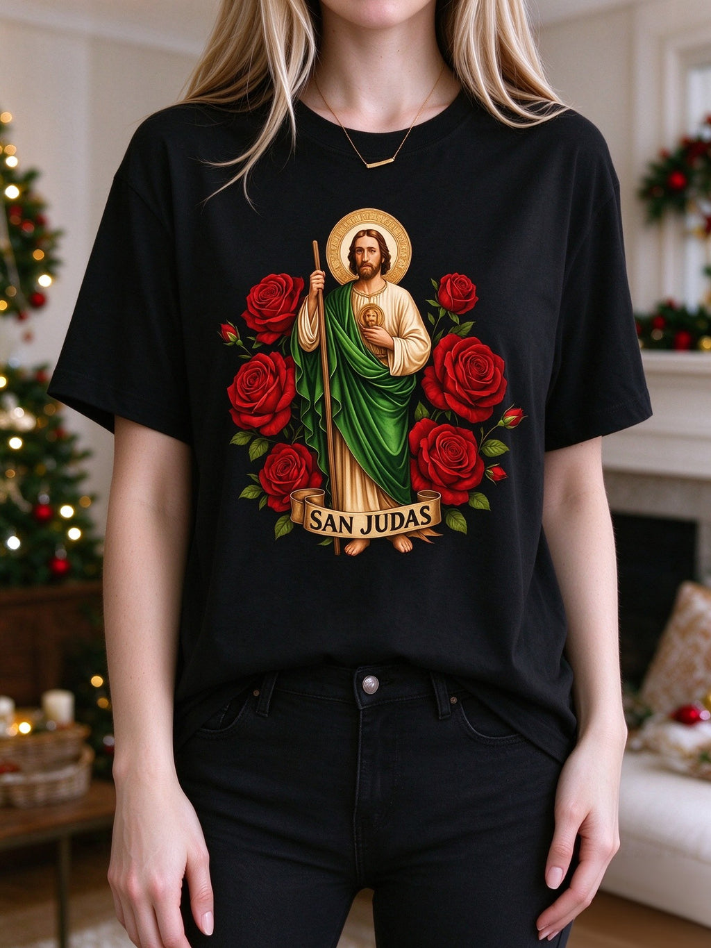 San Judas Saint Jude Graphic T Shirt, Red Roses Religious Faith Short Sleeve Tee for Men Women