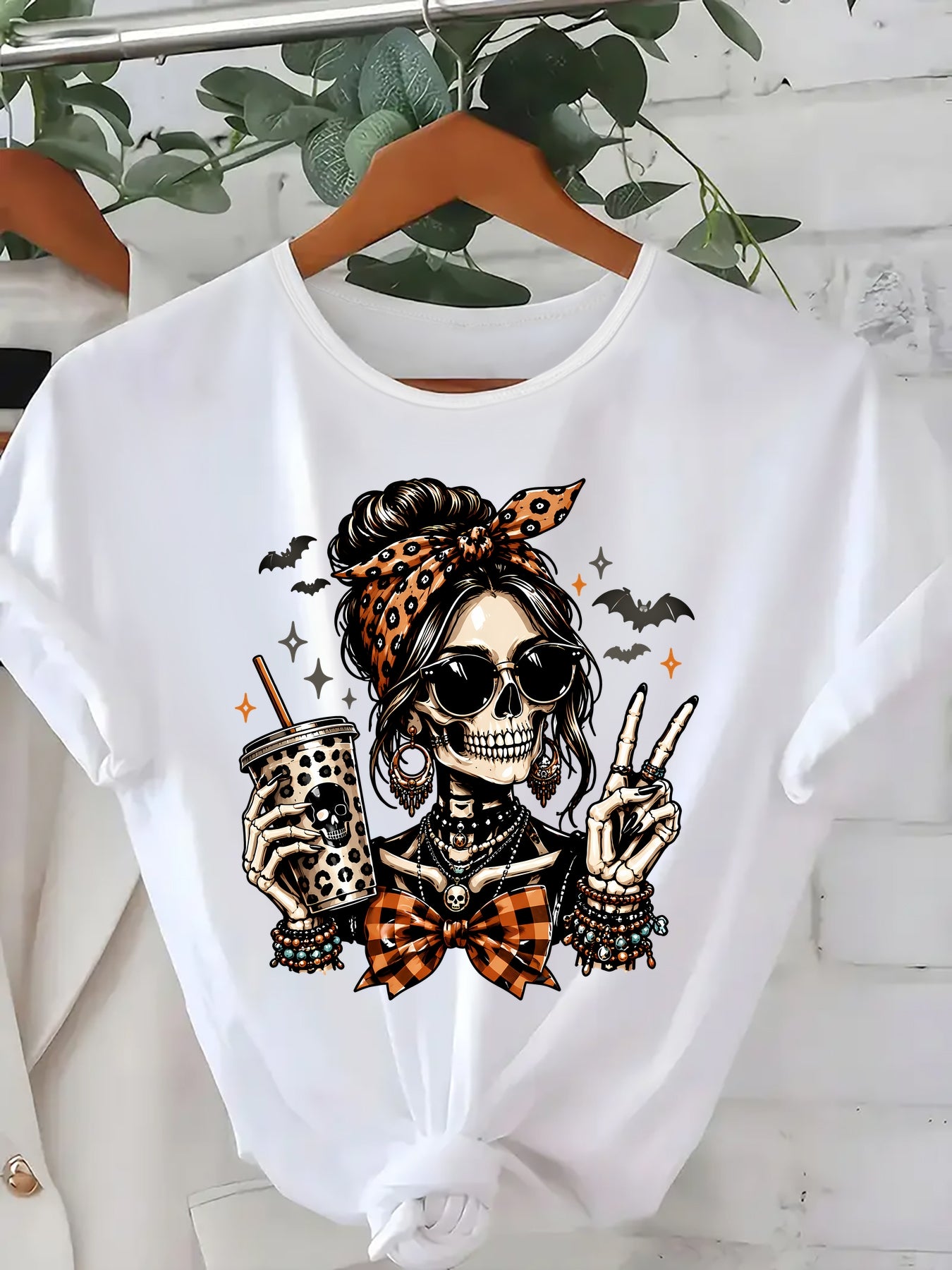 Women's Halloween Skeleton Peace Sign T-Shirt, Leopard Bow Coffee Bat Graphic Short Sleeve Tee