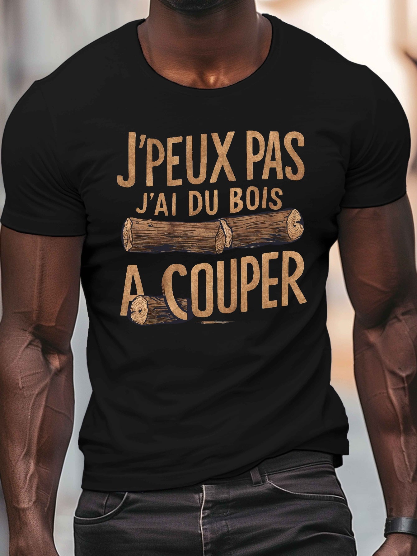Men’s Casual Woodcut Print T-Shirt, “J'PEUX PAS J'AI DU BOIS À COUPER” French Lumberjack Graphic Tee, Crew Neck Short Sleeve Top for Summer