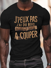 Men’s Casual Woodcut Print T-Shirt, “J'PEUX PAS J'AI DU BOIS À COUPER” French Lumberjack Graphic Tee, Crew Neck Short Sleeve Top for Summer