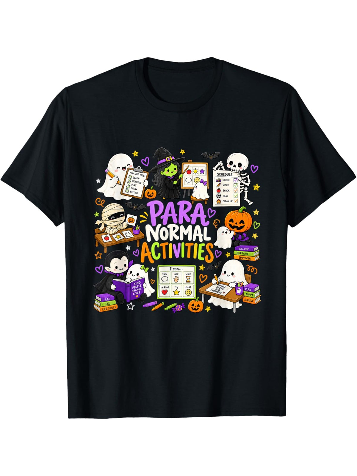 Para Normal Activities Funny Halloween Paraprofessional Teacher Graphic Tee for Men Women, Cute Spooky Ghost Short Sleeve T-Shirt, Casual Crew Neck Top for Paraeducator Gift