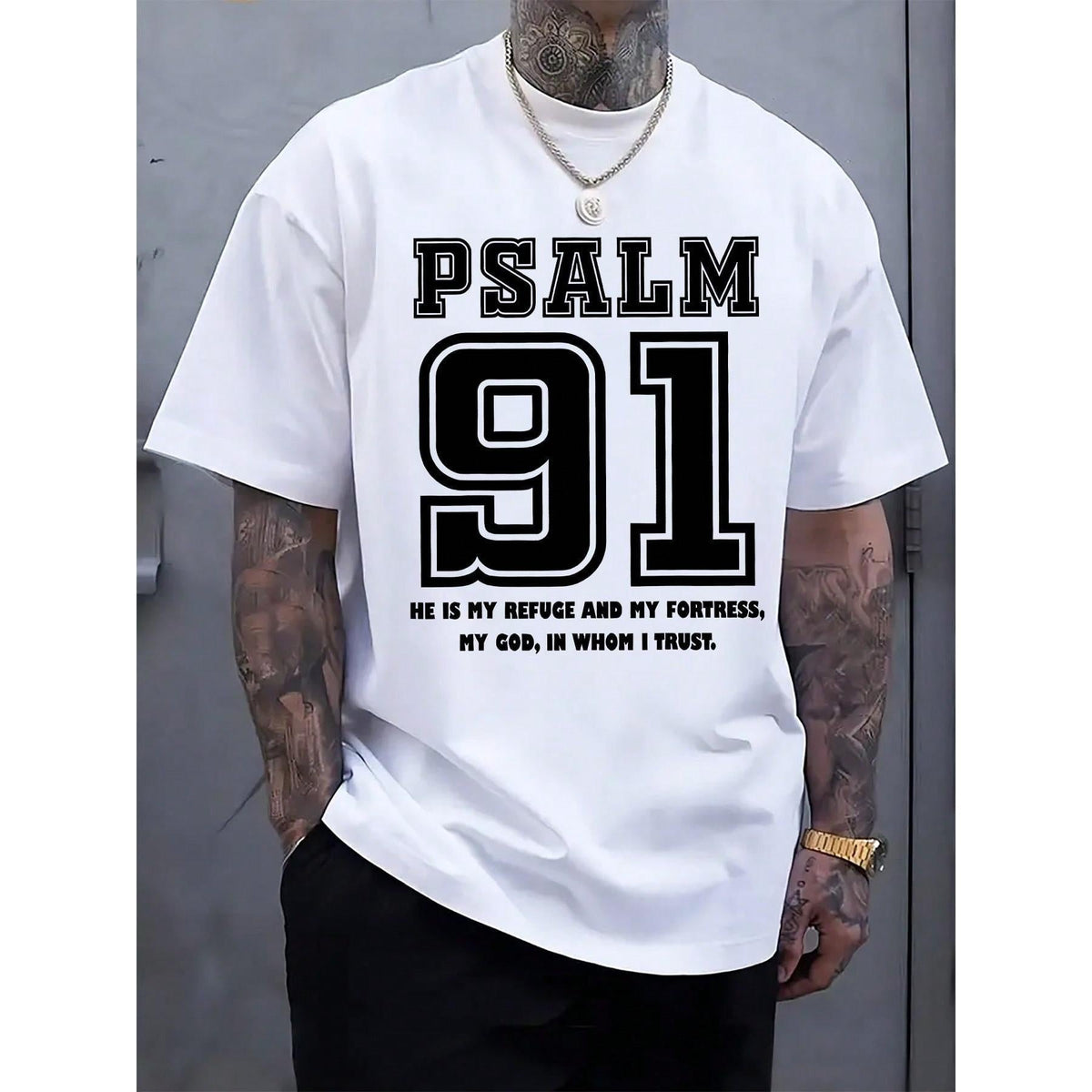 Men's Psalm 91 Religious Graphic T-Shirt - Black With White Inspirational Bible Verse Print, Regular Fit Casual Short Sleeve Round Neck Summer Tee, Machine Washable, Casual Attire