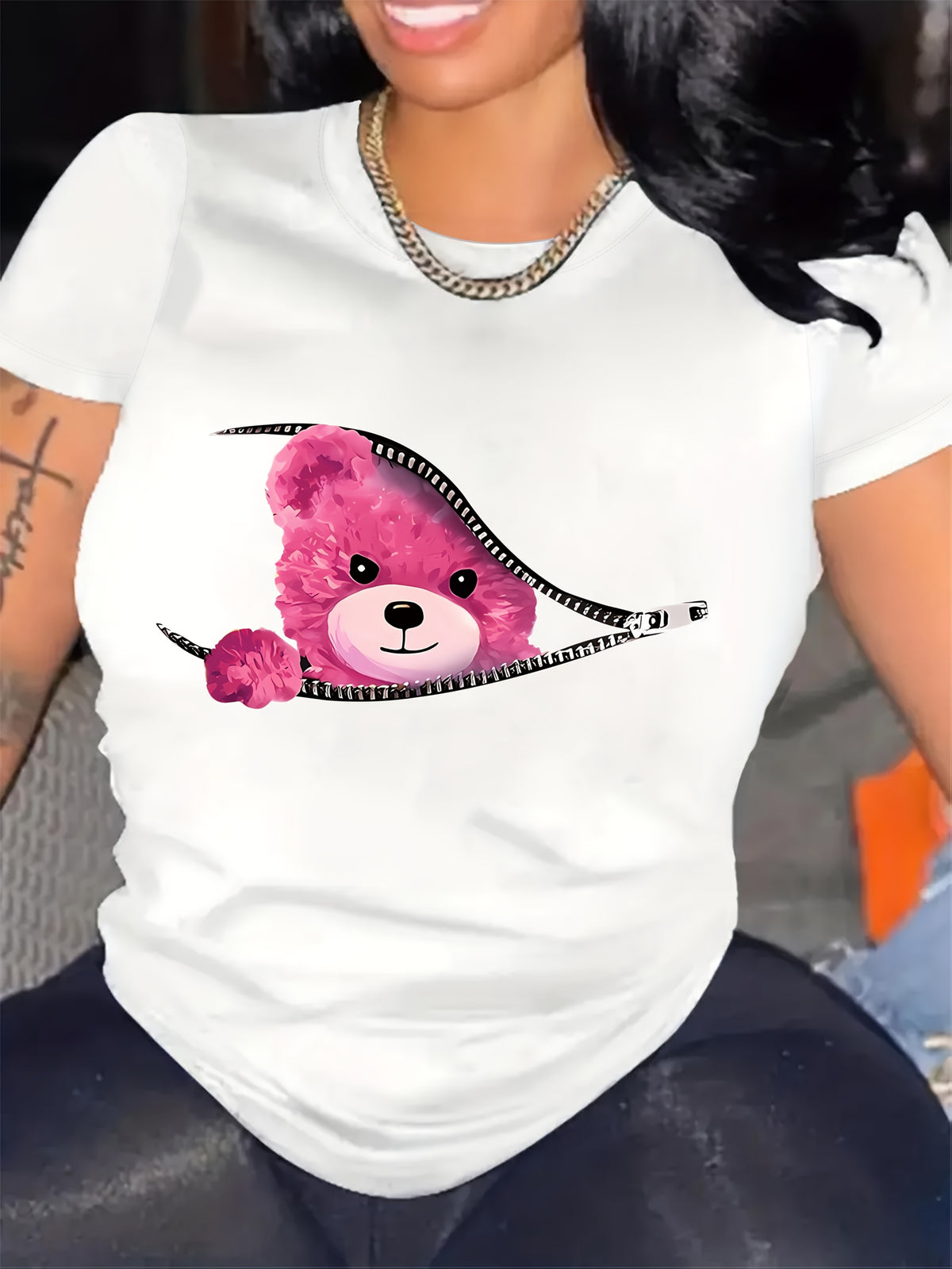 Teddy Bear Zipper Graphic T-Shirt, Women's Short Sleeve Crew Neck Top, Casual Summer Spring Tee, Cute Animal Print Gift for Her