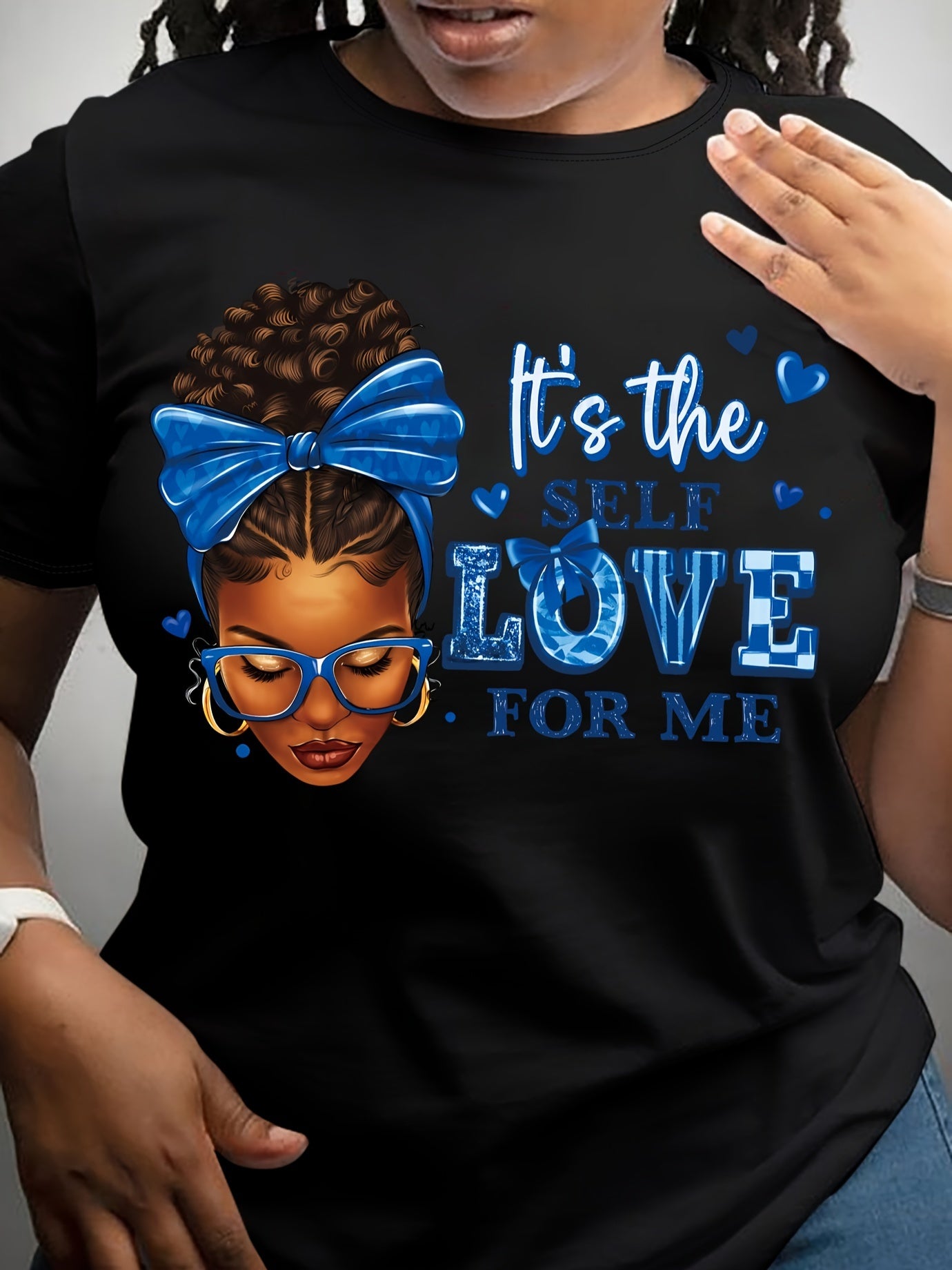 Women's It's The Self Love For Me Graphic T-Shirt, Blue Bow Portrait Letter Print Crew Neck Short Sleeve Casual Inspirational Tee