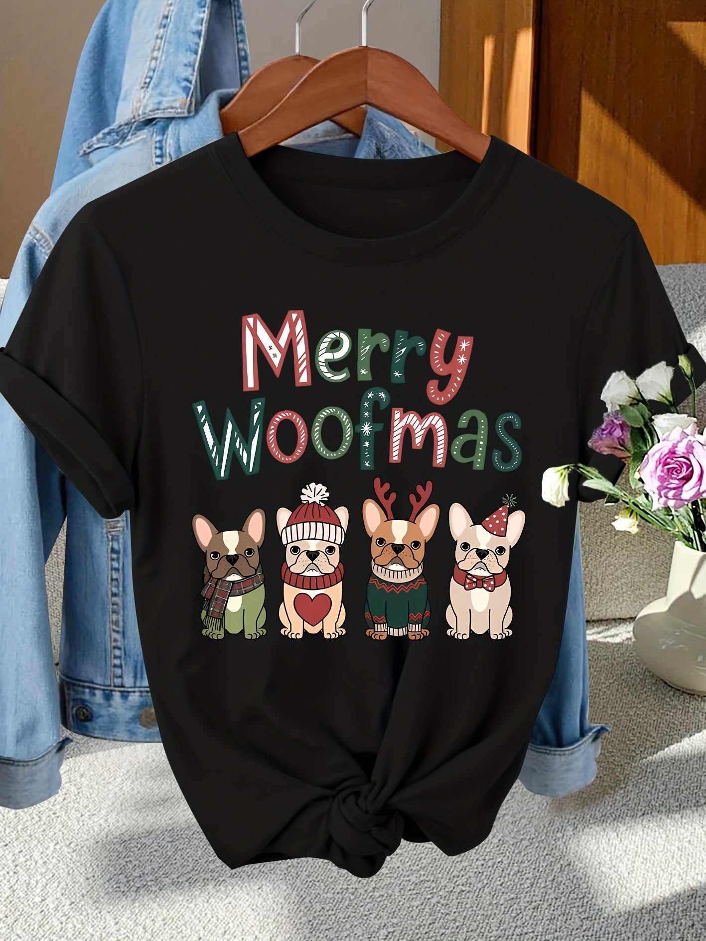 Christmas Women'S Elegant Style "Merry Woofmas" Christmas Dog Print tshirt