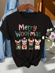 Christmas Women'S Elegant Style "Merry Woofmas" Christmas Dog Print tshirt