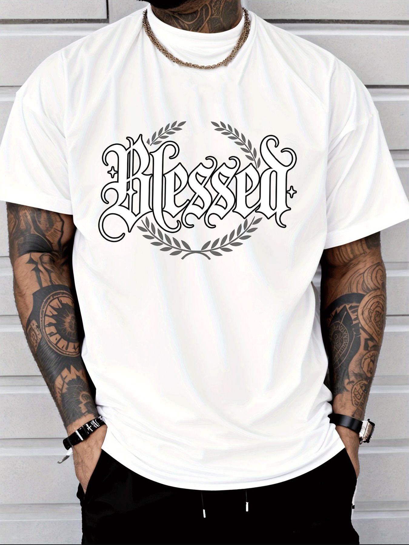 Men's Casual Blessed Letter & Wreath Print T-Shirt