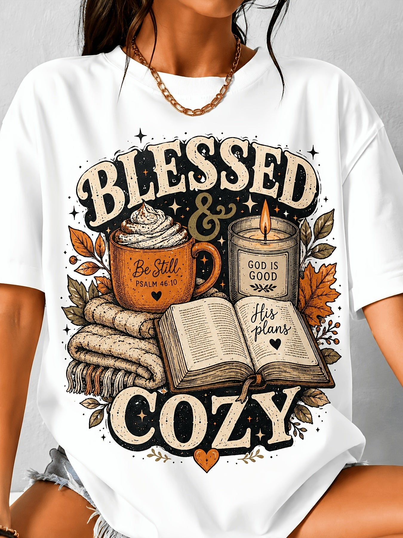 Blessed And Cozy Graphic Tee, Casual Loose Fit Crew Neck Short Sleeve Shirt, Faith Pumpkin Candle Bible Print Top