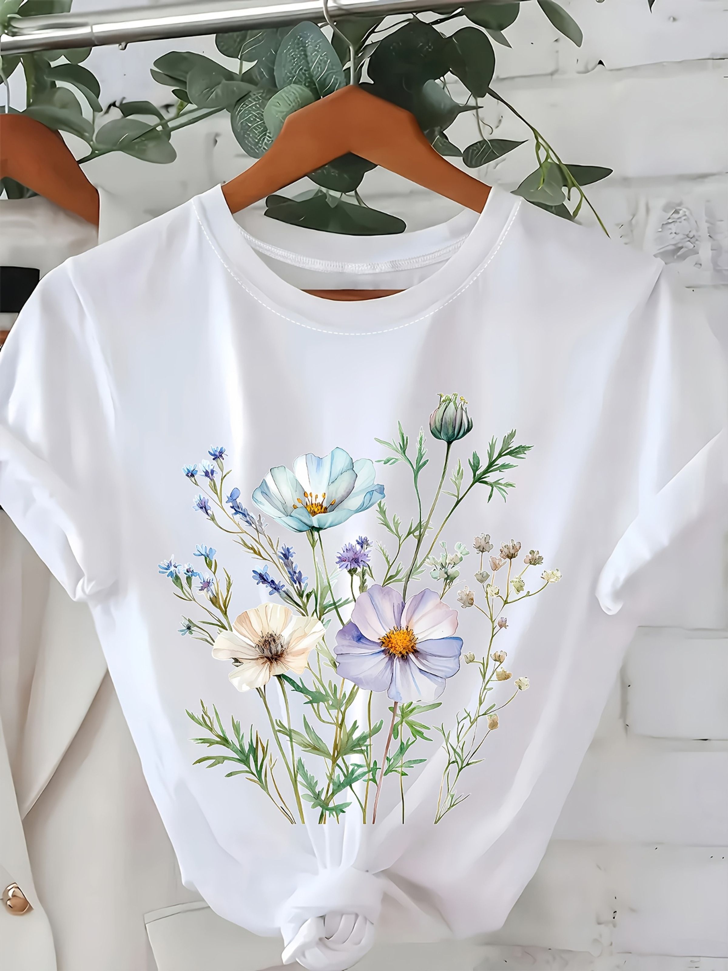 Women's Round Neck Short Sleeve Floral Print T-Shirt, Casual Fashionable Comfortable Tee for Spring Summer Fall