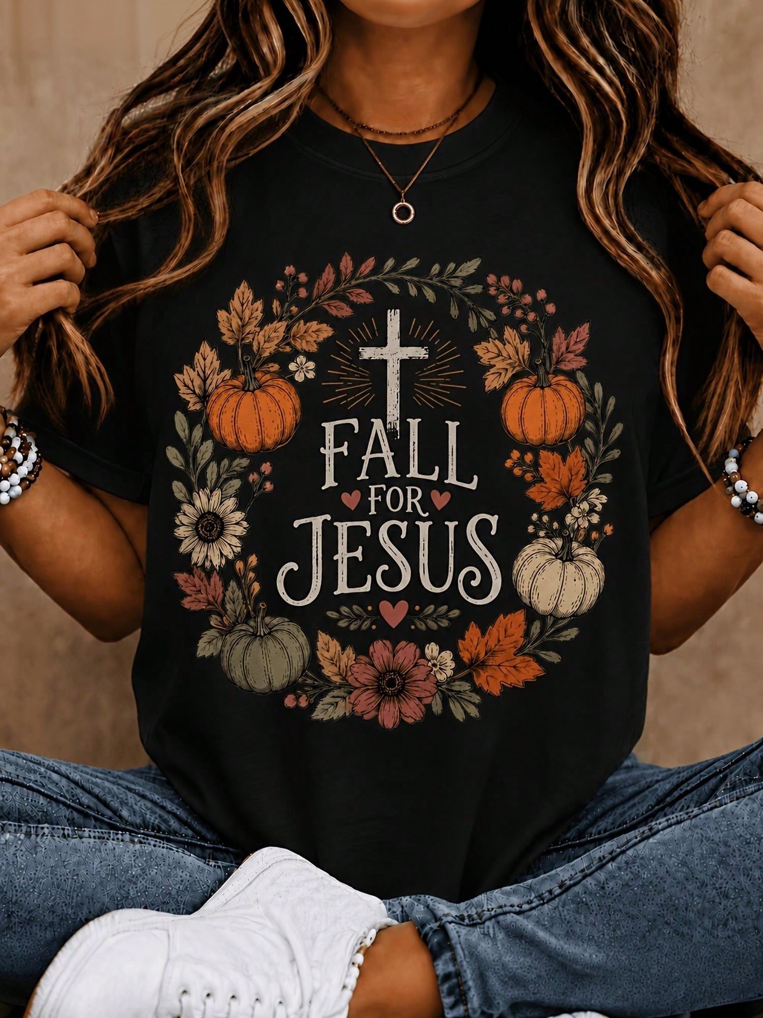 Fall For Jesus T-Shirt, Fall Pumpkin Sunflower Cross Religious Graphic Tee, Thanksgiving Faith Gift Women Casual Shirt
