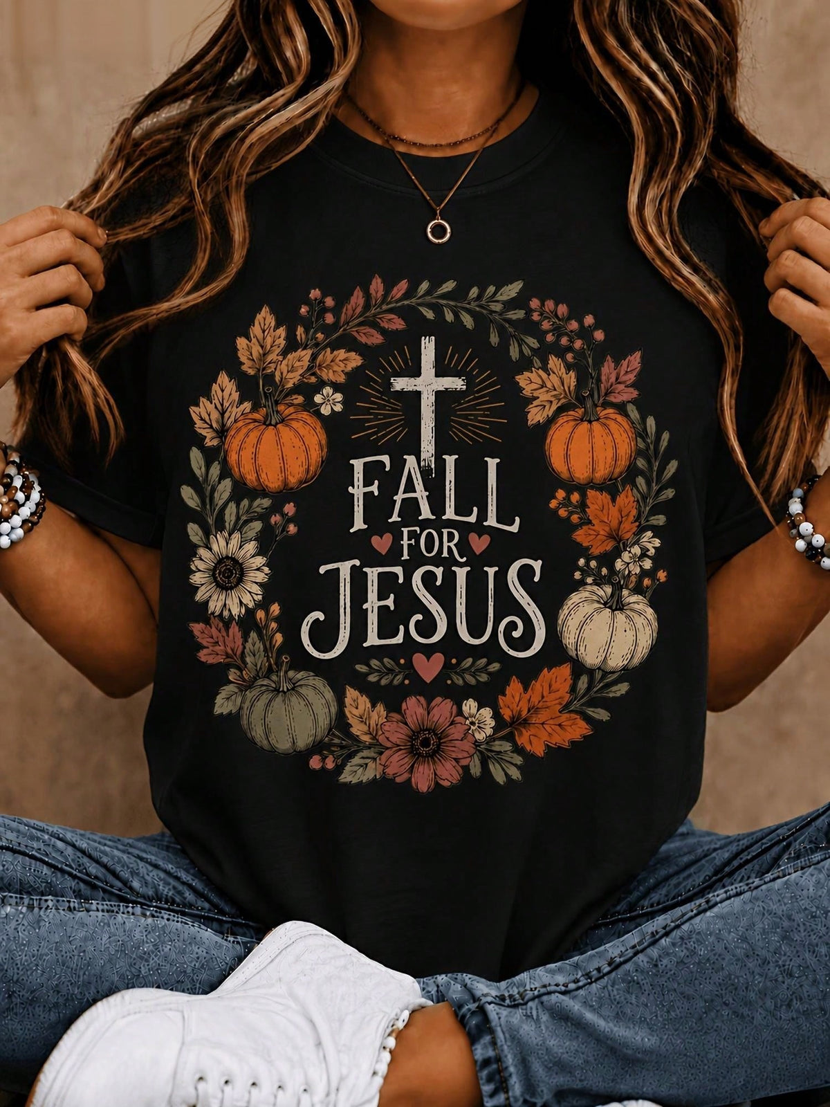 Fall For Jesus T-Shirt, Fall Pumpkin Sunflower Cross Religious Graphic Tee, Thanksgiving Faith Gift Women Casual Shirt