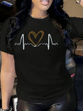 Women'S Casual Heartbeat Graphic Tee - Black Short Sleeve Crew Neck T-Shirt with Leopard Print Heart Design